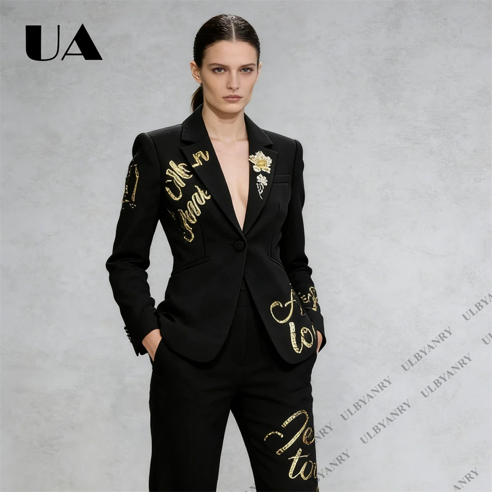 ULBYANRY Pageant Style 2-Piece Suit Set for Women Gold Sequined Letter Pattern, Luxury Formal Events Suit Attire Slim Fitting
