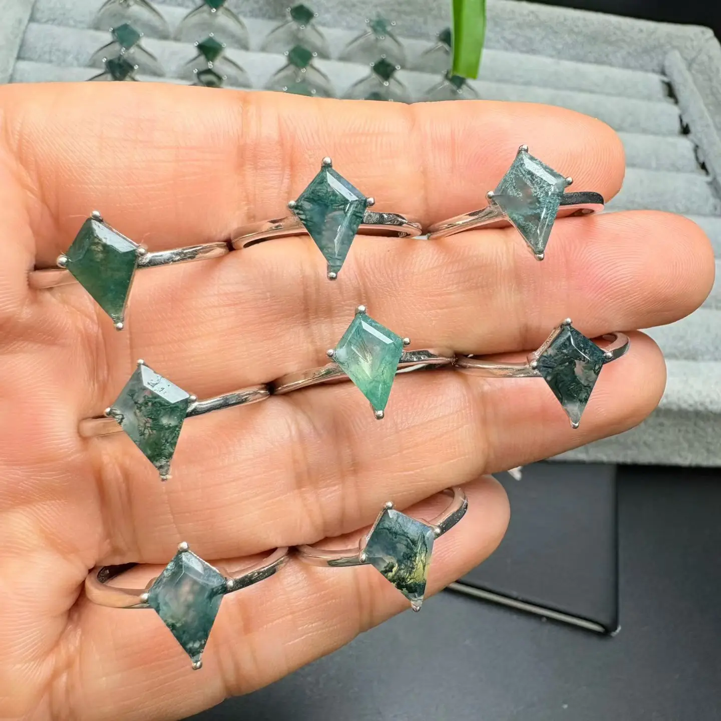 1 Pc Fengbaowu Natural Moss Agate Ring 6x9MM Kite Shape 925 Sterling Silver Resizable Reiki Healing Stone Jewelry Gift For Women