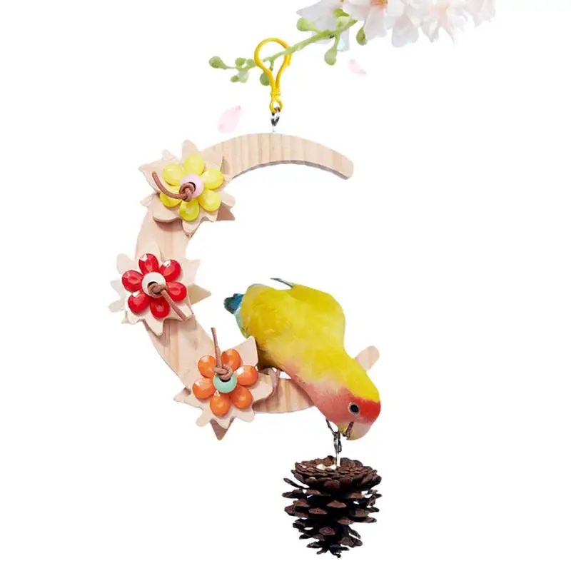 Parrot Swing Chicken Swing Bird Toys Bird Wooden Swing Foraging Toys Moon Ring Birdcage Decoration Hammock For Lovebird Parakeet