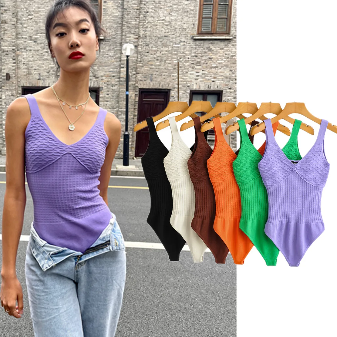 Maxdutti Ins Fashion Bodysuits Blogger High Street Vintage Texture Sexy Tank Colorful Sheath Elastic Summer Bodysuits Women Tops