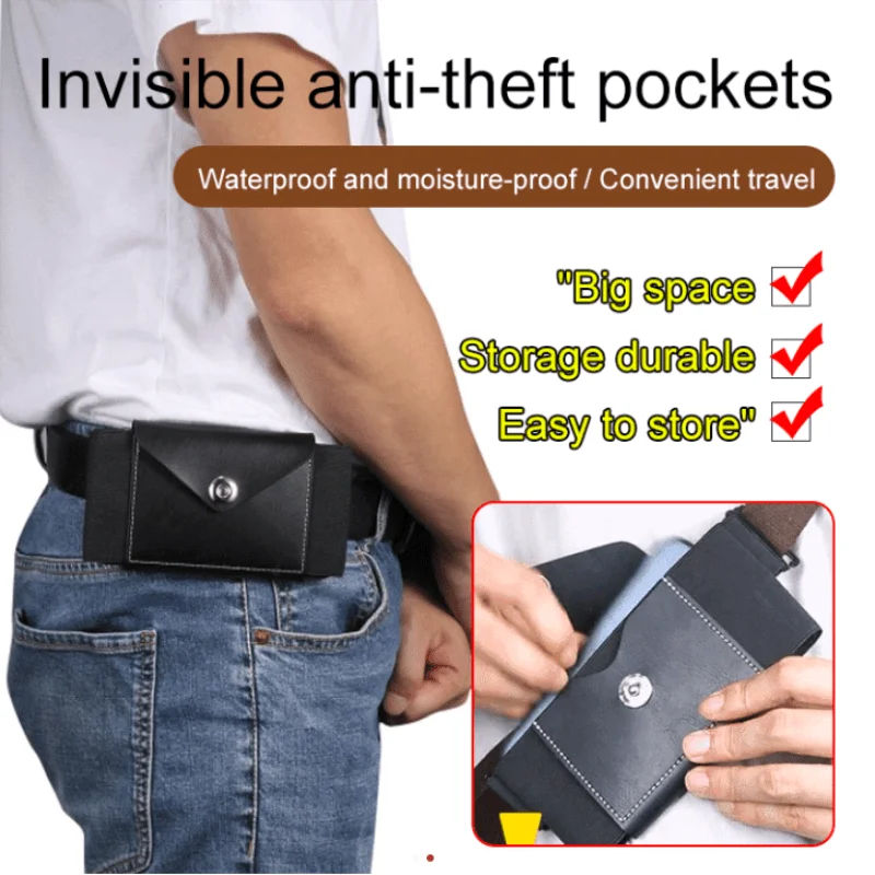 Invisible Anti Theft Stretch Belt Bag Fashion Men Multi-function Small Waist Bag Leather Belt Pack Wallet Coin Purse Ca