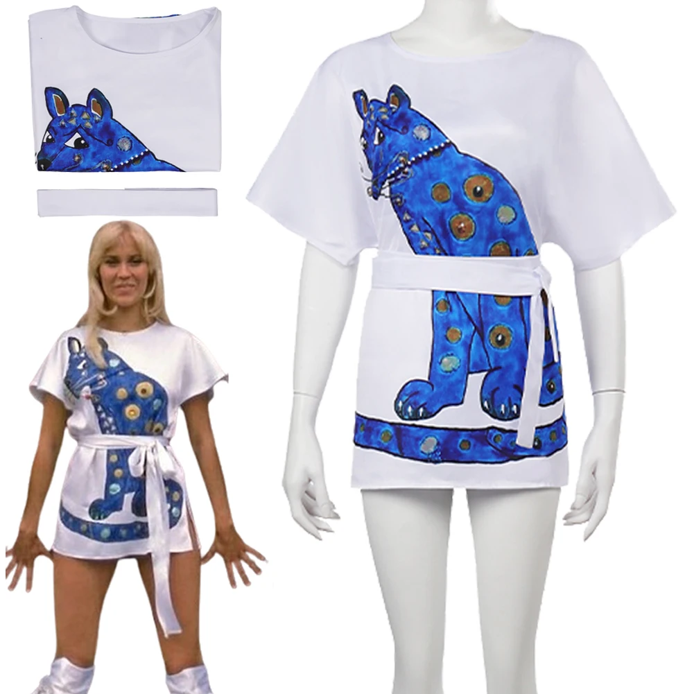 ABBA Costume Cosplay Disguise ABBA Girl Anni-Frid Agnetha Cosplay 70s Women Costume Vintage Cat Dress T-shirt ABBA 70s Costume