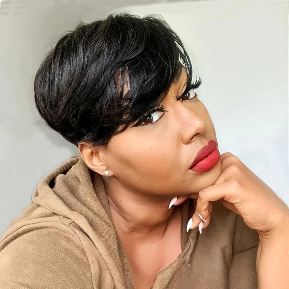 ショートピクシーカットウィッグ人毛ウィッグ女性用ウィッグ前髪付きレイヤードウェーブのかかったフルマシンメイドウィッグ