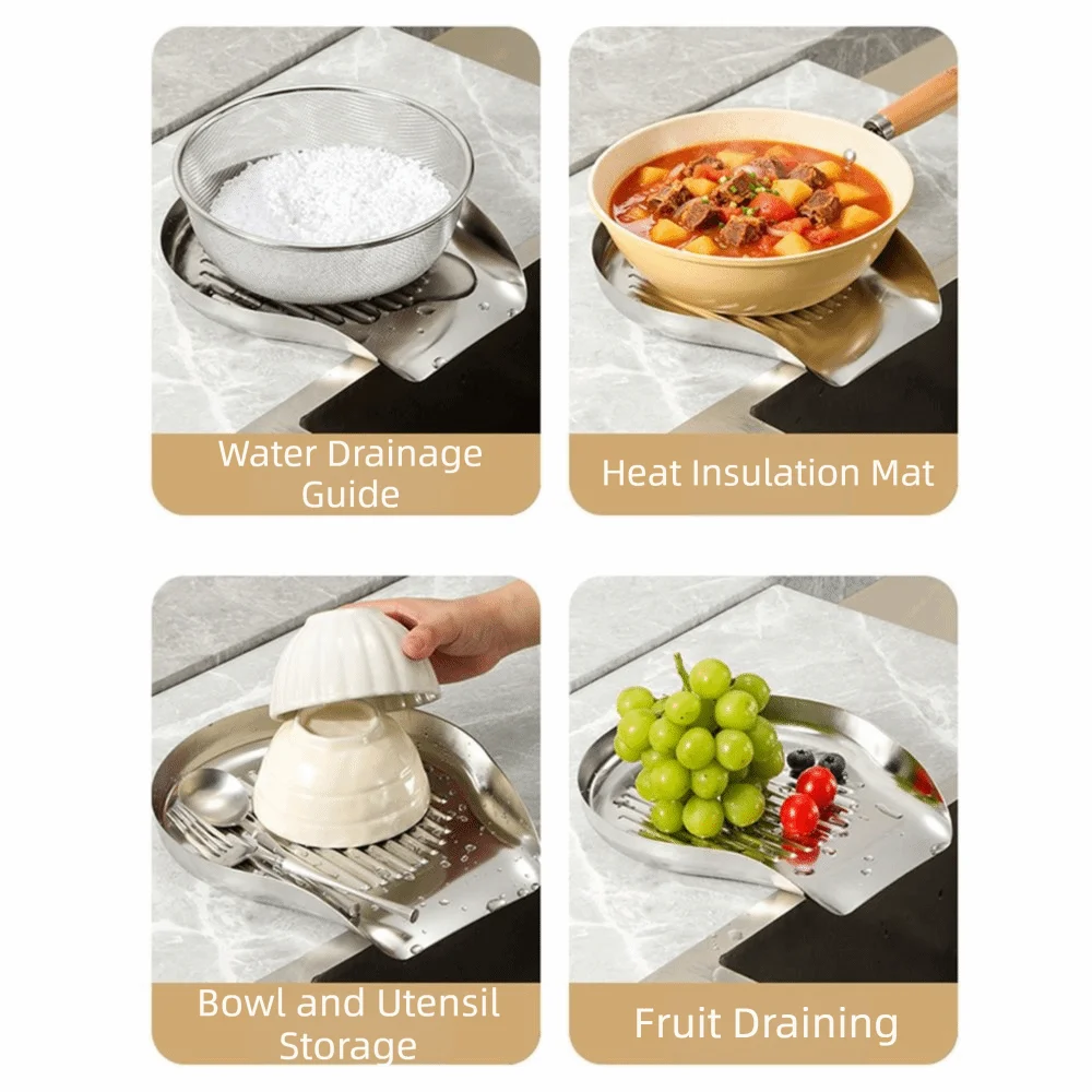 Stainless Steel Dish Drainer Tray Self-Draining Drainage Spout Sink Drip Board Easy To Clean Quickly Drying Dish Drying Rack
