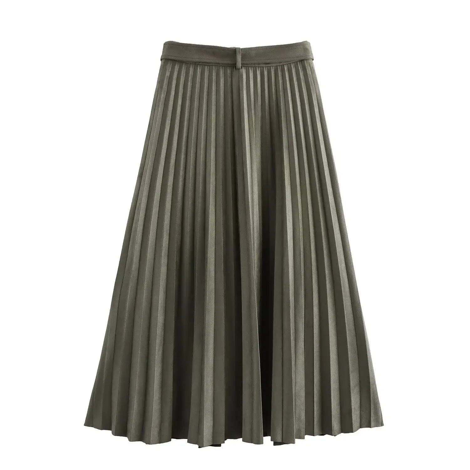 HH TRAF Women New Fashion Versatile Solid Suede Effect Midi Pleated Skirt Female Elegant Pleated Warm Ankle Length Casual Skirt