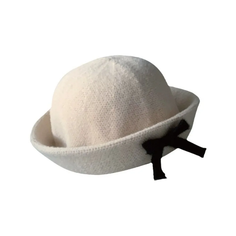 

Fashion Solid Color Bow Bucket Cap Knit Korean Style Woolen Fishing Cap Y2k Roll Brims Women Bucket Hat Women