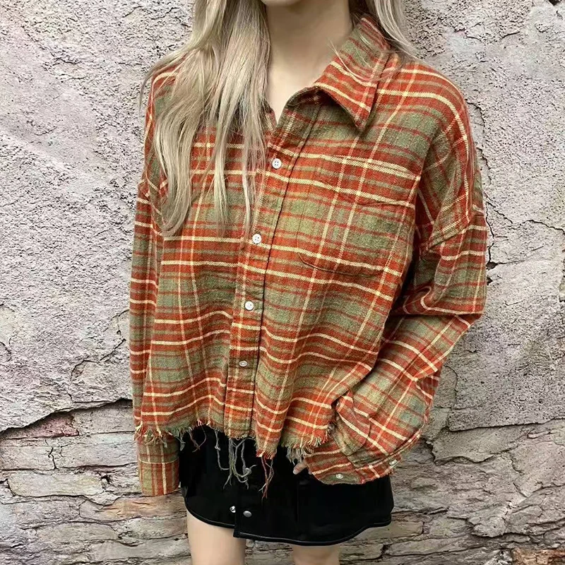 

Women's plaid washed vintage shirt, frayed hem top, fashionable casual loose-fitting jacket top, high-quality pure cotton, new