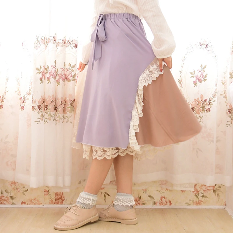 

Japanese Harajuku Mori Girl Patchwork Skirt Women Clothing Ruffles Lace Layer Big Bow Retro Vestido Kawaii Princess Skirts A047
