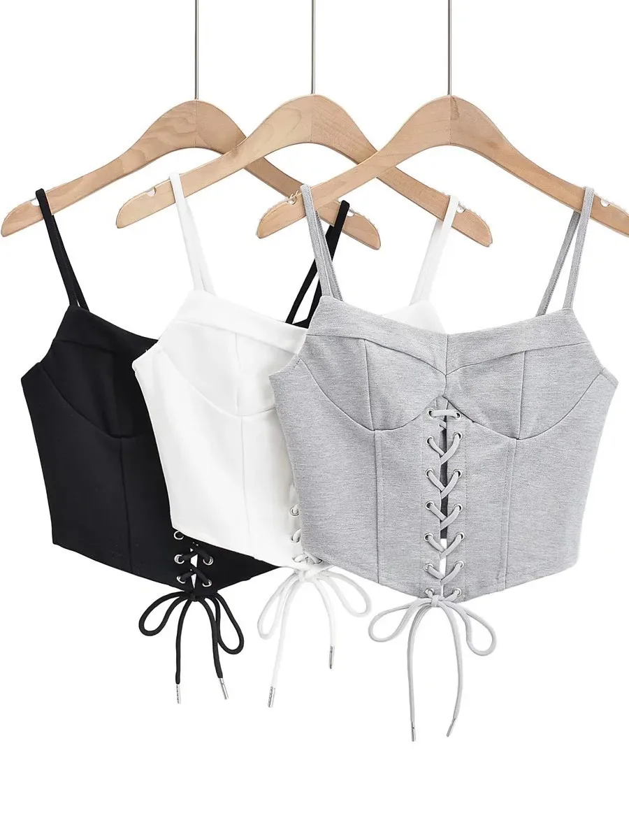 Harajuku Tie Bow Adjust Lace-up Bandage Camisole Women Summer Corset Sexy Tank Tops Retro Cool Girl Slim Crop Top Tees