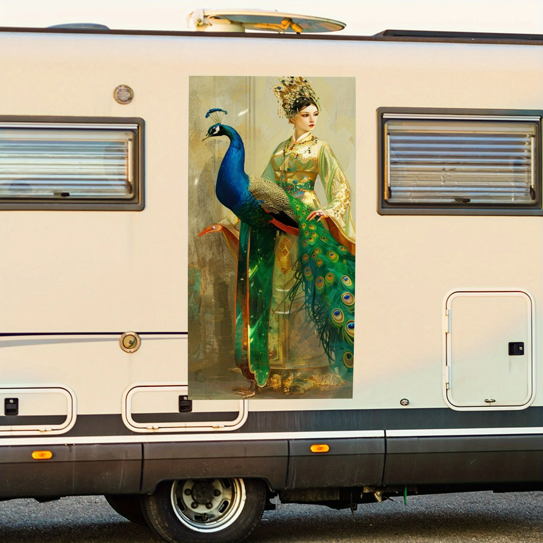 

Woman with Peacock Car Sticker,Vinyl decal on the side of the motor home, waterproof self-adhesive vinyl sticker on the side of