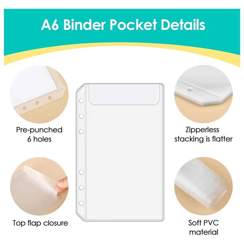 A6 Binder Pockets 12PCS No Zipper Envelopes For Budgeting,6-Hole Zipperless Binder Pouches Envelope For A6 6-Ring Binder