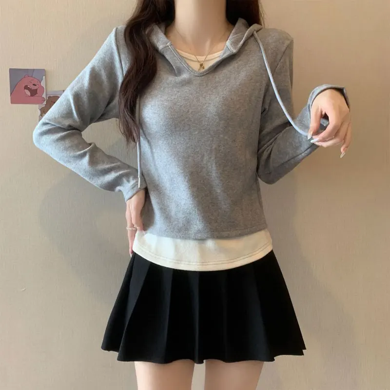Casual Hooded Patchwork T-shirt Women's Clothing Korean Contrasting Colors Spring Autumn Chic Drawstring Commute Slim Pullovers