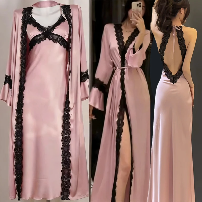 

Элегантный женский комплект из 2 предметов: длинный халат и ночная сорочка с кружевной отделкой, сексуальное летнее шелковое атласное домашнее платье, одежда для отдыха