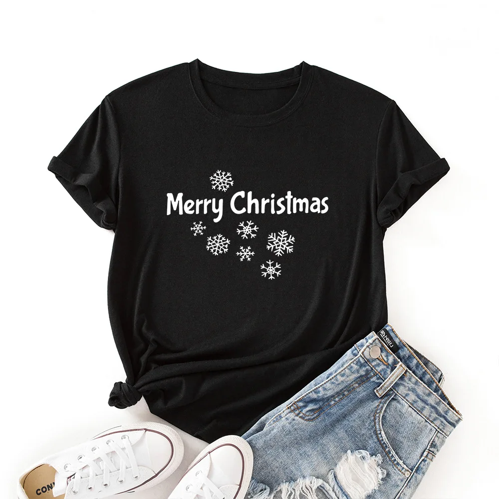 

Merry Christmas Snowflakes Print T Shirt Women Short Sleeve O Neck Loose Tshirt Women Tee Shirt Tops Camisetas Mujer