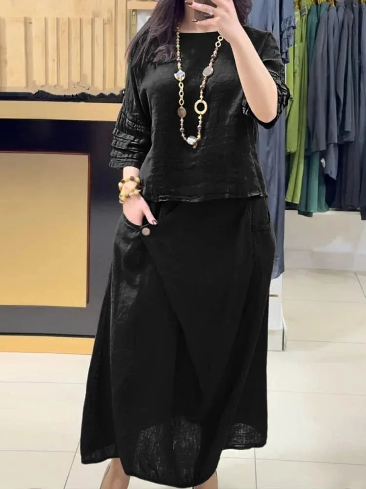 Cotton Linen Skirt Set For Spring Summer New Women's Clothing Fashion Pile Sleeves Casual Solid Color Loose Skirt Two-piece Set