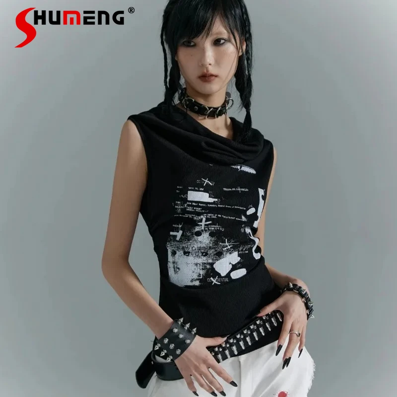 

Japanese Style Dark Black Subculture Soft Girl Top Camisoles Women's Multi-Wear Printed Sleeveless Knitted Vest Pullover Ladies