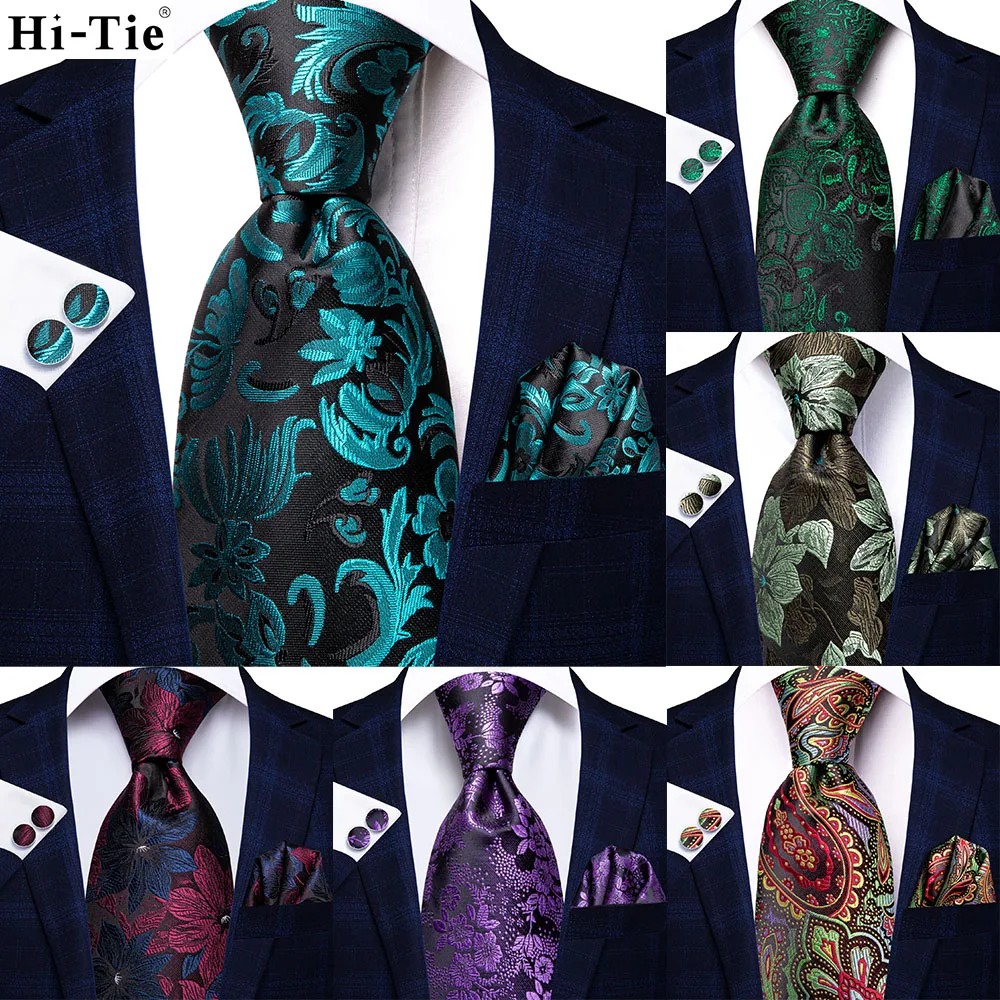 

Hi-Tie 2023 Black Teal Floral Silk Wedding Tie For Men Handky Cufflink Gift Men Necktie Fashion Business Party Dropship Designer