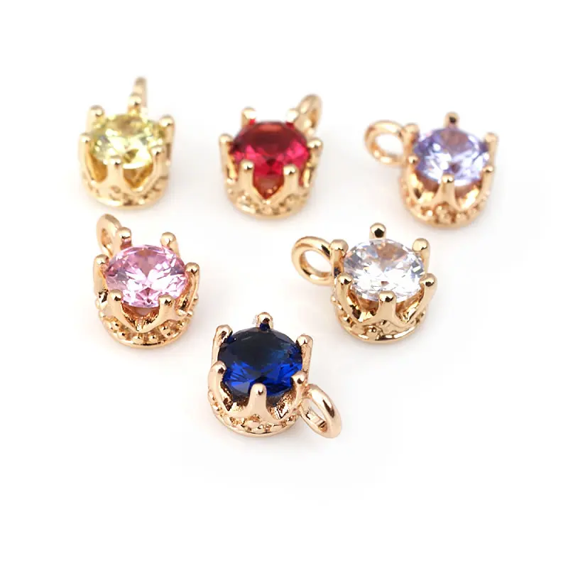 6PCS 5.5MM High Quality 18K Gold Color Brass with Glass Crown Round Charms Pendants Jewelry Making Diy Findings Accessories