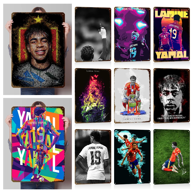 Lamine Yamal Football Wall Art Metal Posters Customizable Vintage Metal Signs for Man Cave Room Modern Home Decoration Ornaments