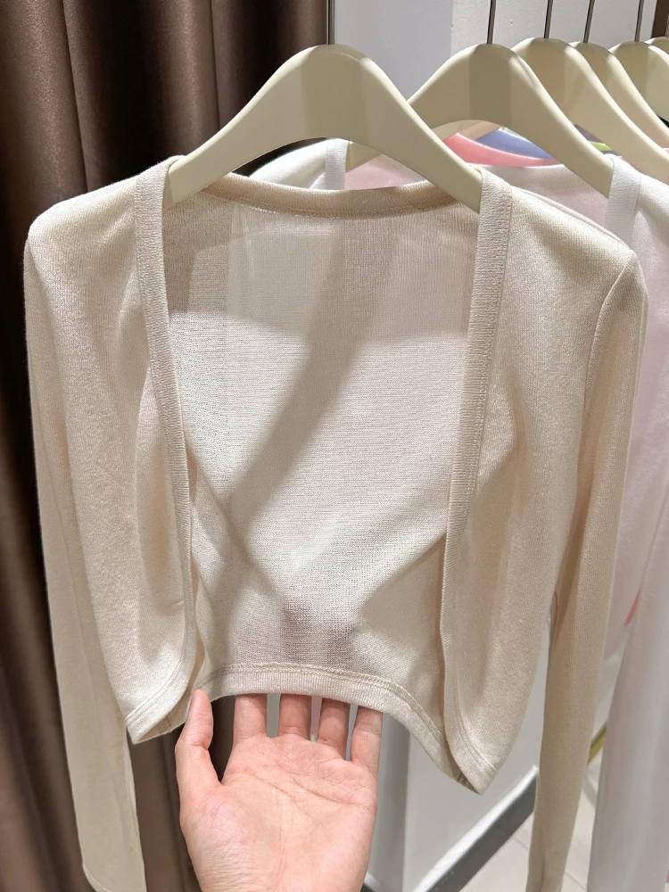 

Нежный летний кардиган из ледяного шелка с длинными рукавами, вязаный, тонкий, из смесового хлопка, для женщин