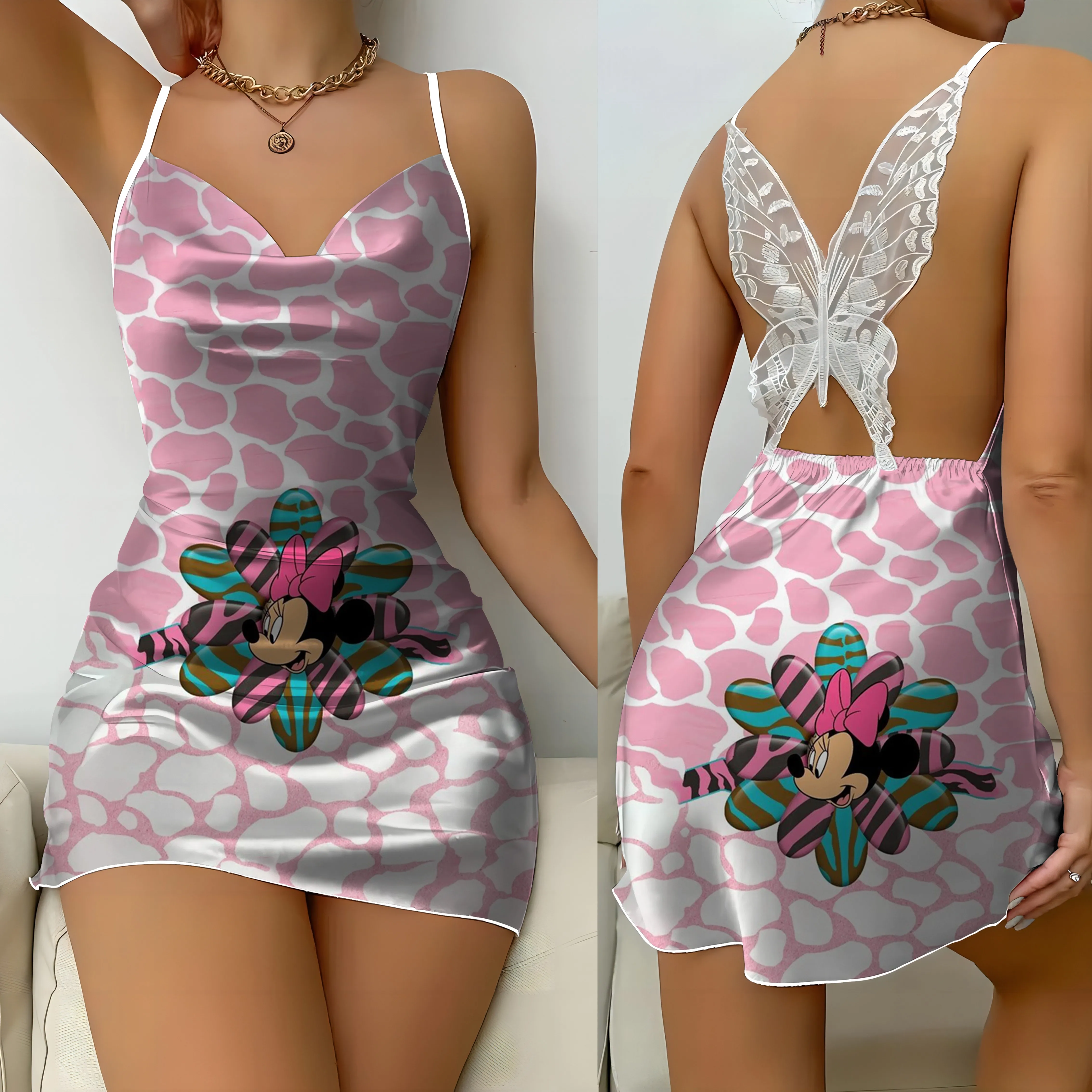 

Slip Dress Fashion Summer Dresses 2024 Home Mini Satin Surface Lace Mickey Womens Bow Knot Sexy Disney Party Minnie Mouse Stitch
