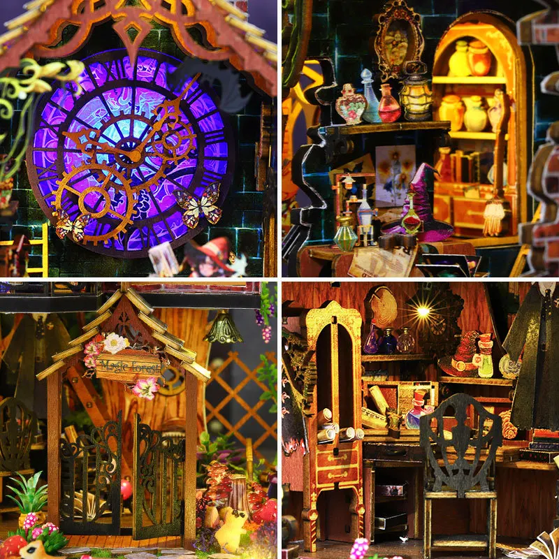 DIY Magic Spirit Cottage Casa บ้านตุ๊กตาไม้ Miniature ชุด 3D ปริศนาตุ๊กตาเฟอร์นิเจอร์ไฟสําหรับของขวัญเพื่อน
