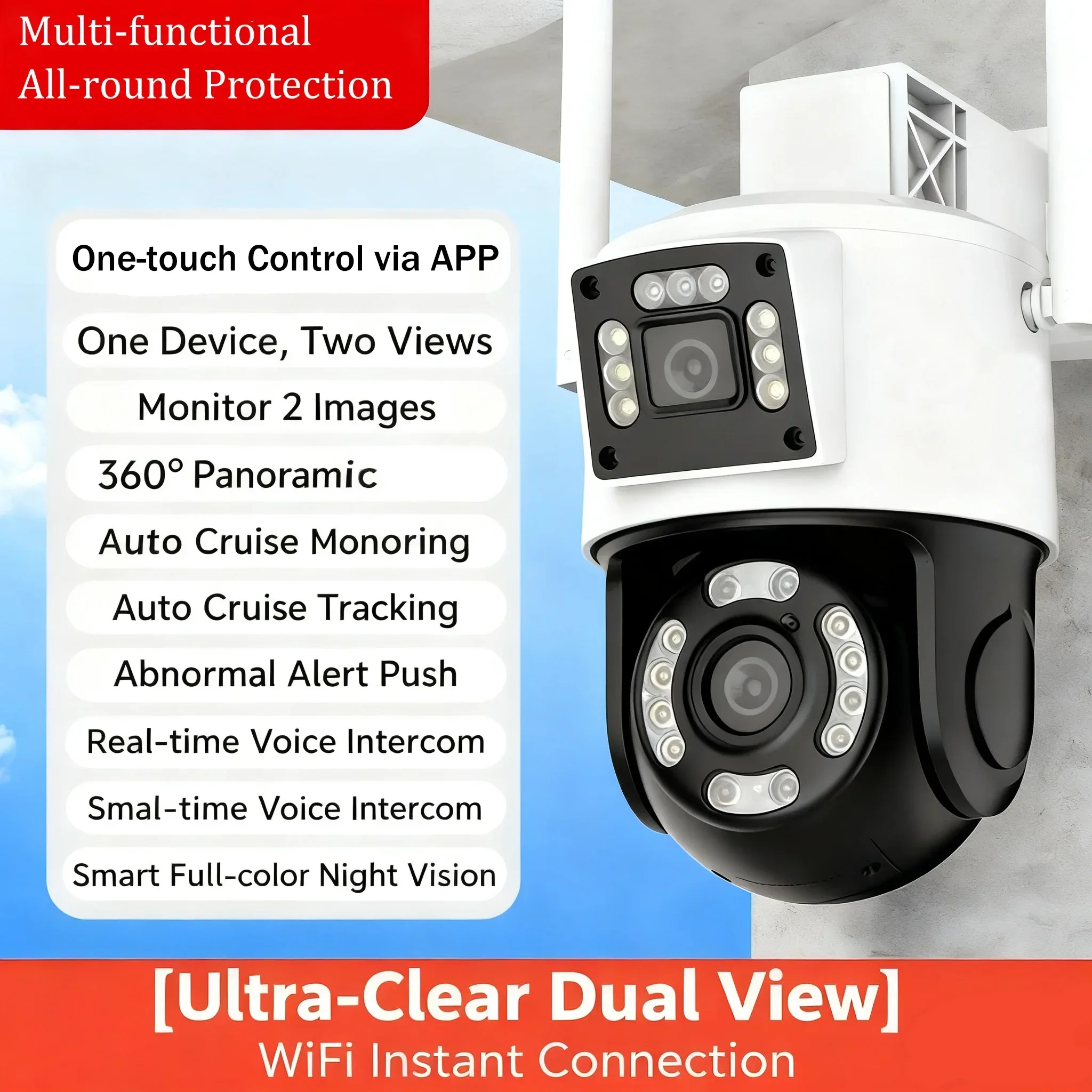 Telecamera Wi-Fi 1-4 pezzi con 360 °   Visualizzazione panoramica, tracciamento del movimento Capacità di visione notturna Rilevamento AI gratuito e cloud