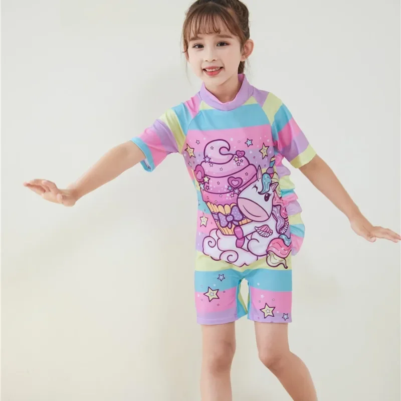 Hot Selling Cartoon Cute Children\'s Swimsuit One Piece Girl Short Sleeved Shorts Swimsuit Girl Conservative Swimsuit