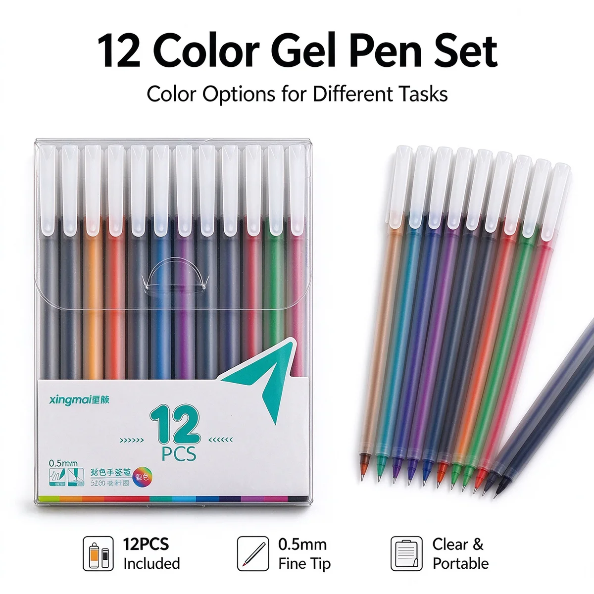 12 Pack Color Gel Pens, 0.5mm Fine Full Needle Tip, Transparent Barrel, Smooth Ink, for Journaling, Note Marking, Office Plannin
