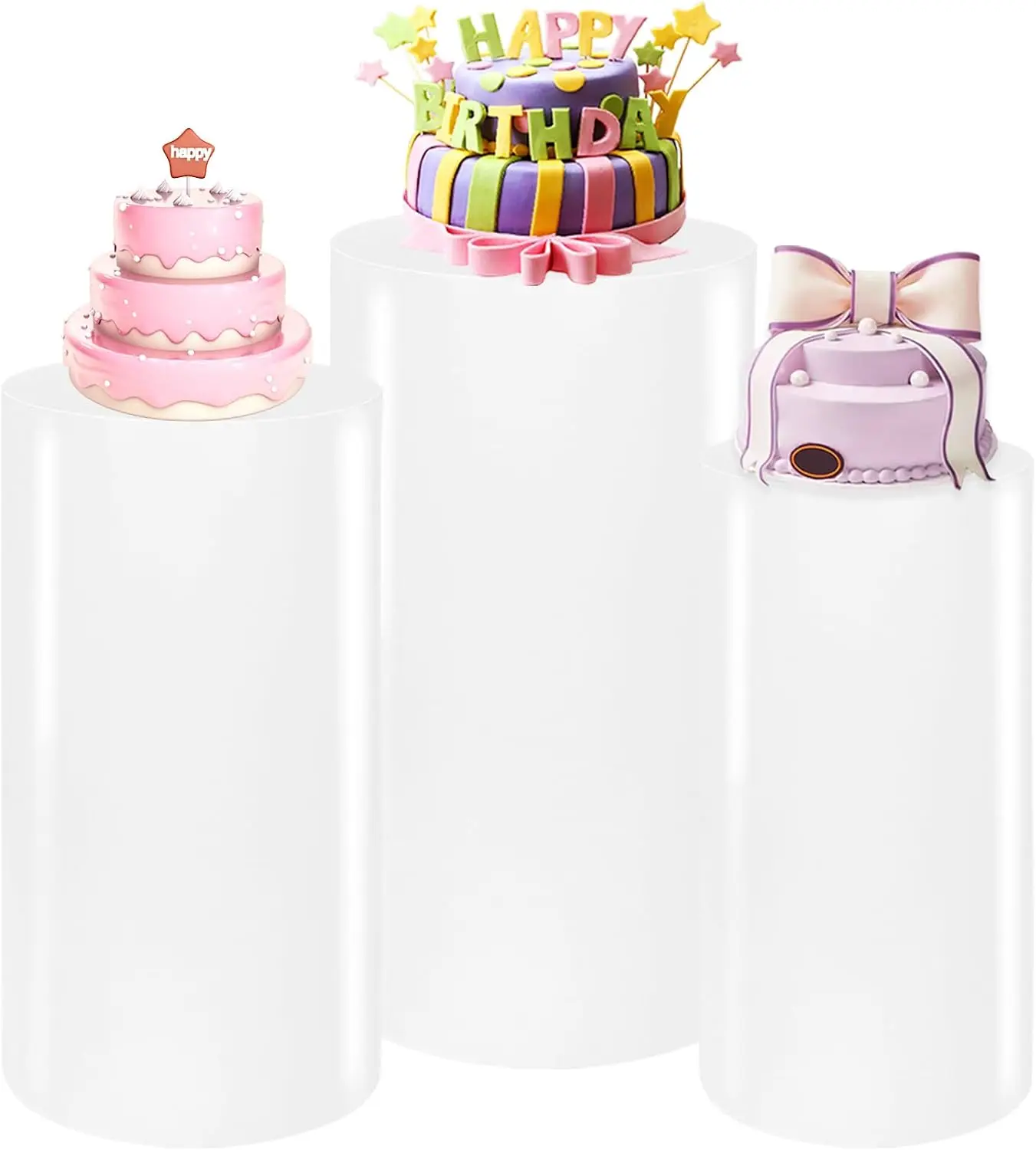 3-Piece White Metal Round Cylinder Pedestal Stands, Small Display Plinths & Pillars for Dessert Tables, Party Decorations for Birthday, Wedding, Bridal Shower & Baby Shower