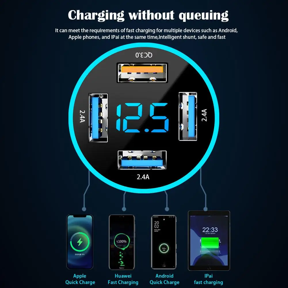 66W 4 Ports USB Car Charger Fast Charging PD Quick Charge 3.0 USB C Car Phone Charger Adapter For IPhone 14 13 