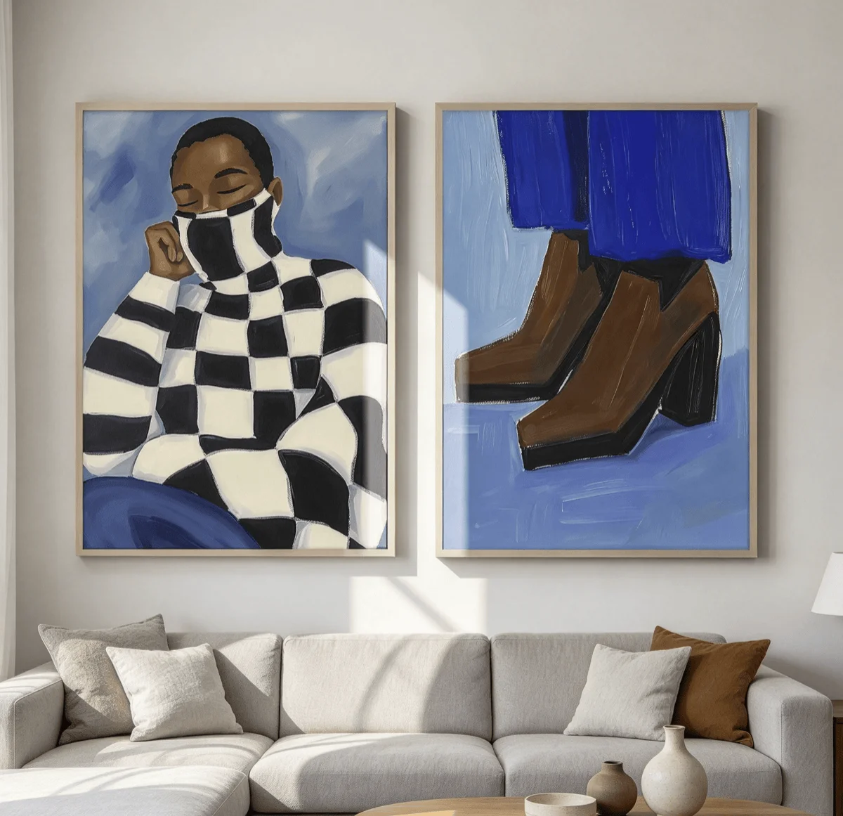 Modern Figure Wall Art Canvas Prints, Black Checkered Posters, Bold Blue Decor for Living Room Bedroom Gallery Wall Decor