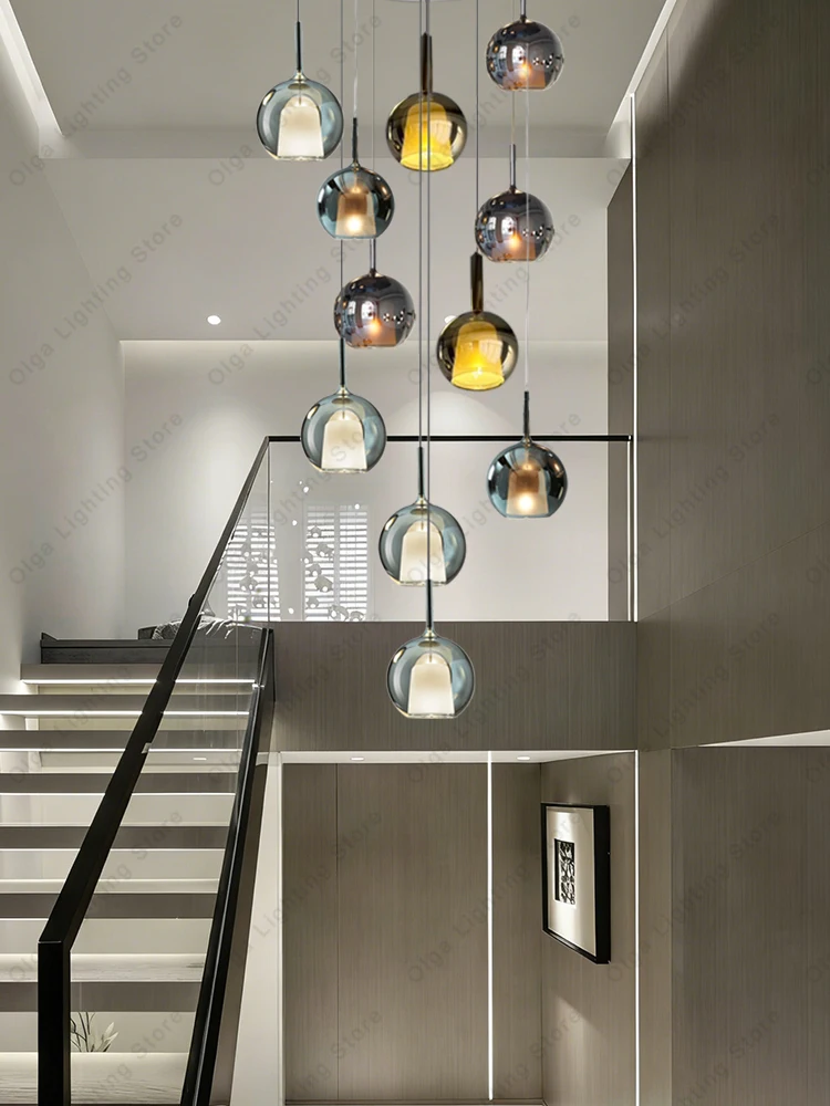 Stairwell Modern Amber Gray Chandeliers Glass Sphere Lampshades, Nordic Home Decoration Duplex Villa Chandelier for Dining Room