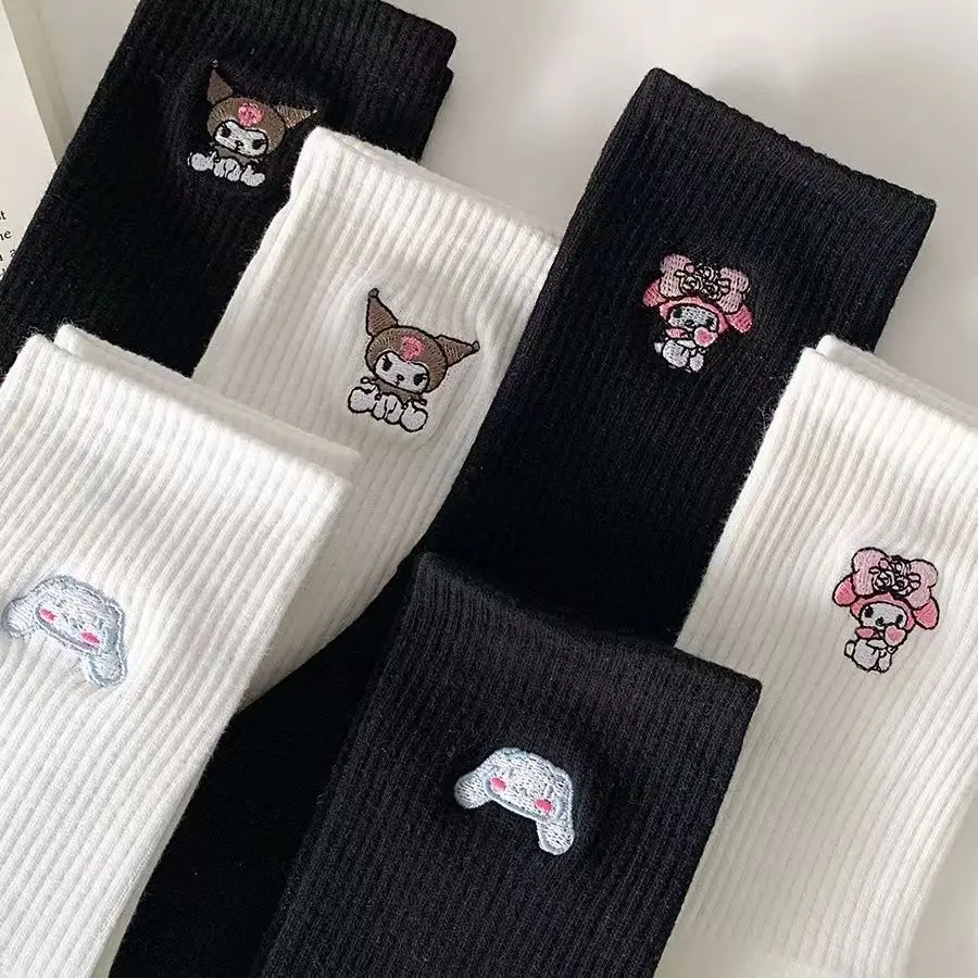 Sanrio Anime Kuromi Cotton Socks Kawaii Cinnamoroll My Melody Cartoon Embroidery Cute Student Tube Socks Solid Color Warm Socks