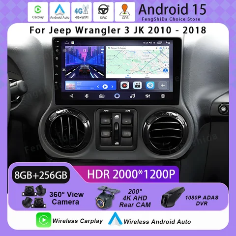 Voiture Android pour Jeep Wrangler 3 JK 2010 - 2018 lecteur Auto Radio multimédia GPS 360 caméra HDR CPU QLED Wifi 5G BT Navigation
