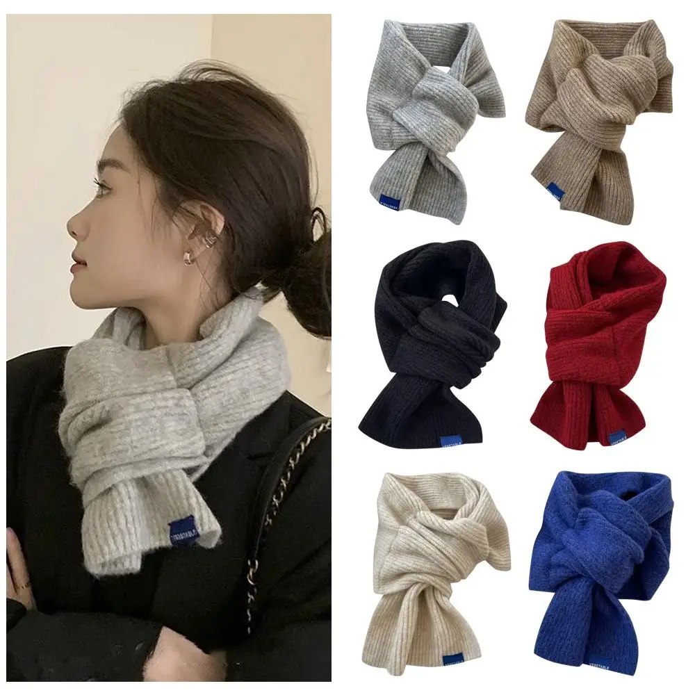 Solid Color Knit Scarf for Women Thicken Outdoor Warm Windproof Short Neckerchief Winter Student Cross Woolen Scarf