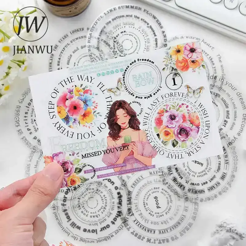 JIANWU Encircling Beauty Series Vintage Round English Aperture Material Collage PET Sticker Creative DIY Journal Stationery