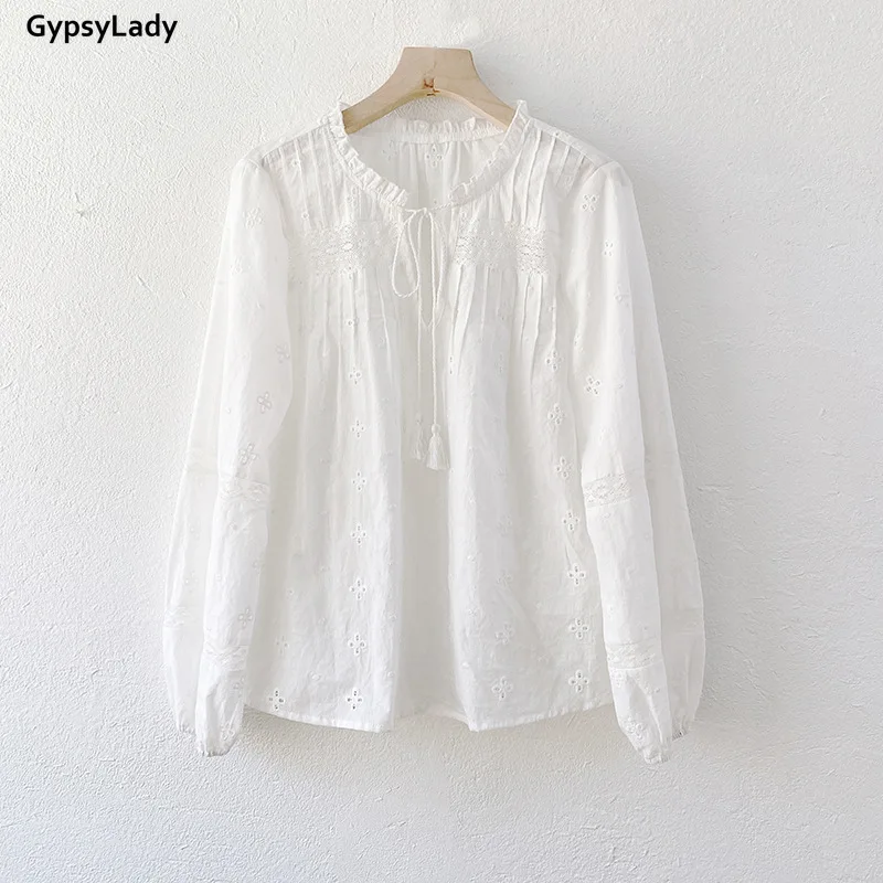 GypsyLady 100% Cotton White Blouse Shirt Eyelet Lace Spring Long Lantern Sleeve Tassles Sheer Sexy Blouse Women Chic Top Shirt