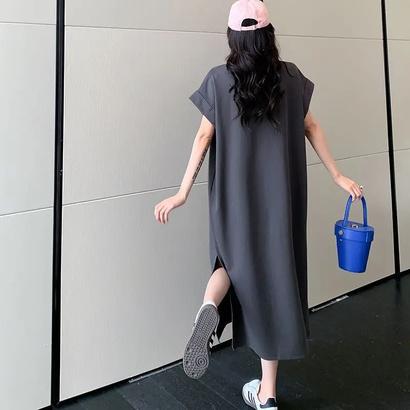 한국 스타일 반팔 프린트 드레스 미디 길이 사이드 슬릿 패션 플러스 사이즈 여성 의류 맥시 드레스 티셔츠 롱 드레스