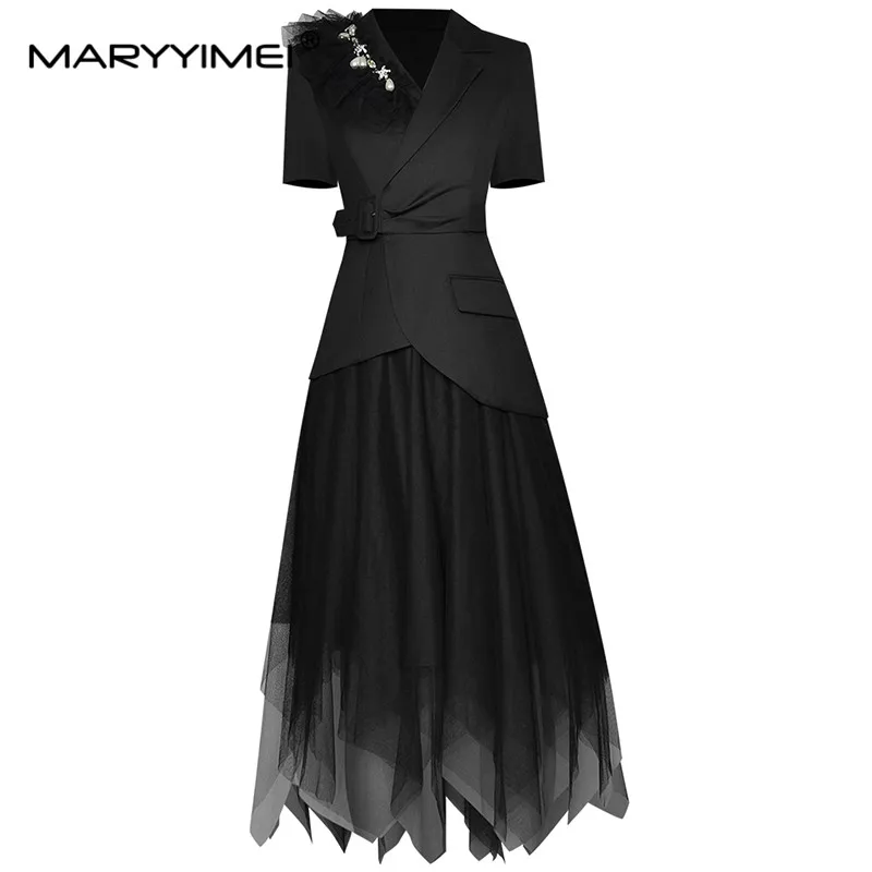 MARYYIMEI Summer Women High Street Skirts Suits Fashion Designer Black Lady Long jacket and irregular Midi Skirt 2 Piece Set