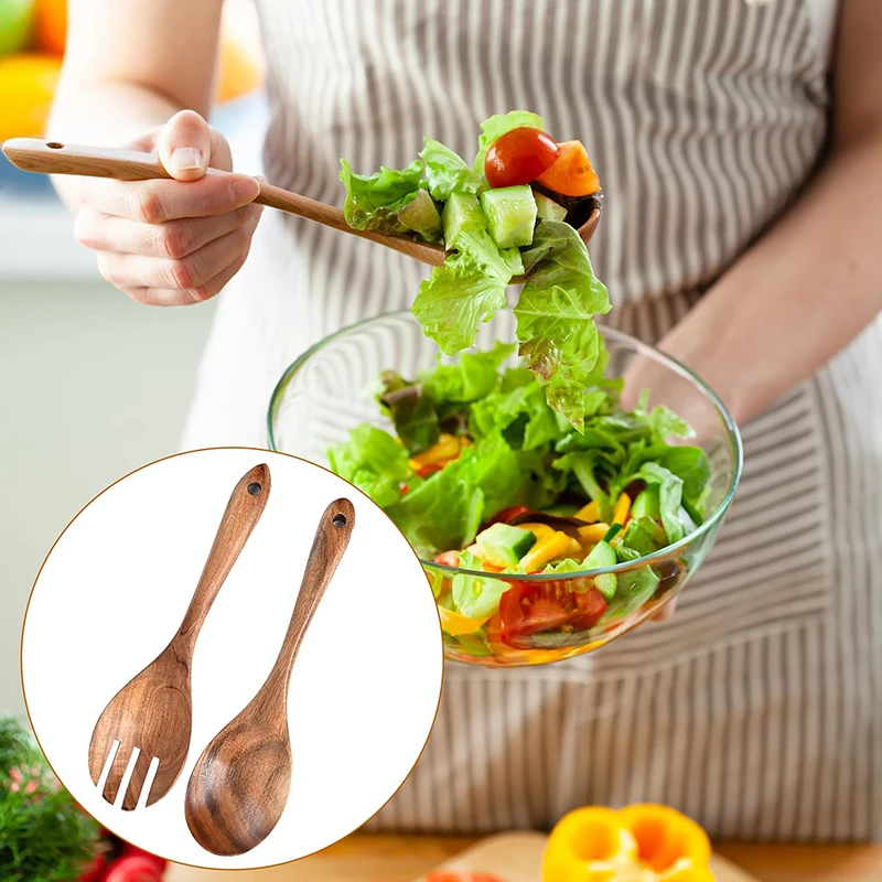 2 قطعة خوادم سلطة خشبية ملعقة شوكة مجموعة ملعقة سلطة وشوكة عدة مقبض طويل تخدم سلطة مغرفة أدوات المائدة أدوات المطبخ
