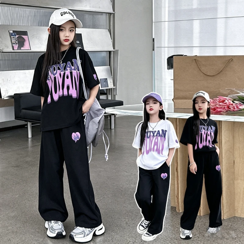 Summer Teenage Girls Clothes Set Children O-Neck Tshirt and Casual Pants Suit Student School Short Sleeve Top Bottom Outfits