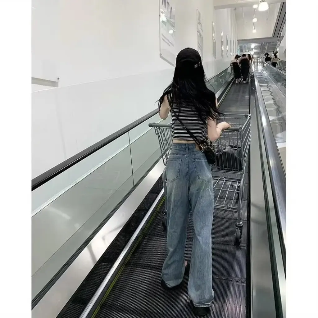 

Женские рваные джинсы в американском стиле с высокой талией, утягивающие свободные повседневные прямые широкие брюки на осень