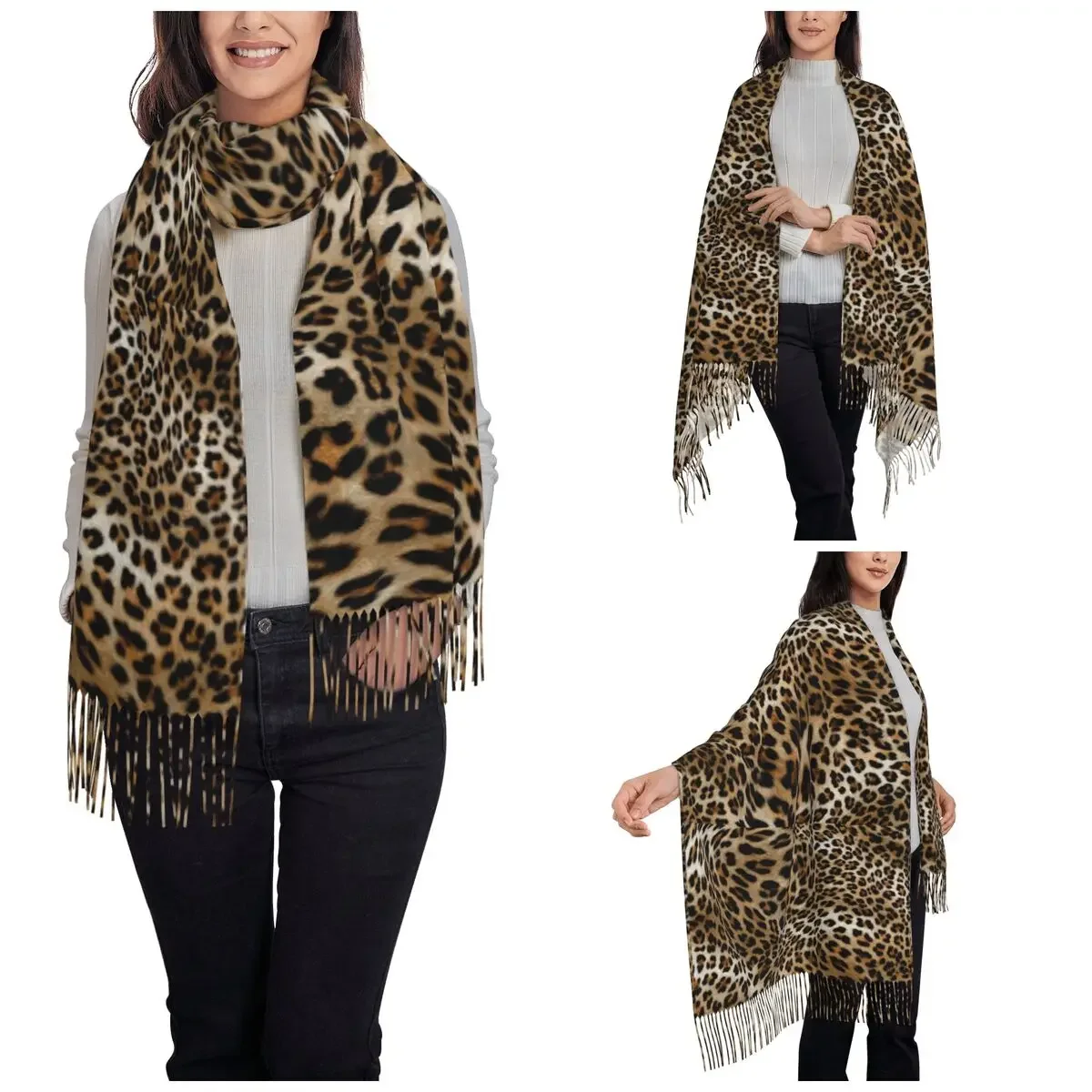 Leopard Scarf for Women Winter Warm Pashmina Shawls and Wrap Animal Fur Skin Texture Large Scarves with Tassel for Evening Dress