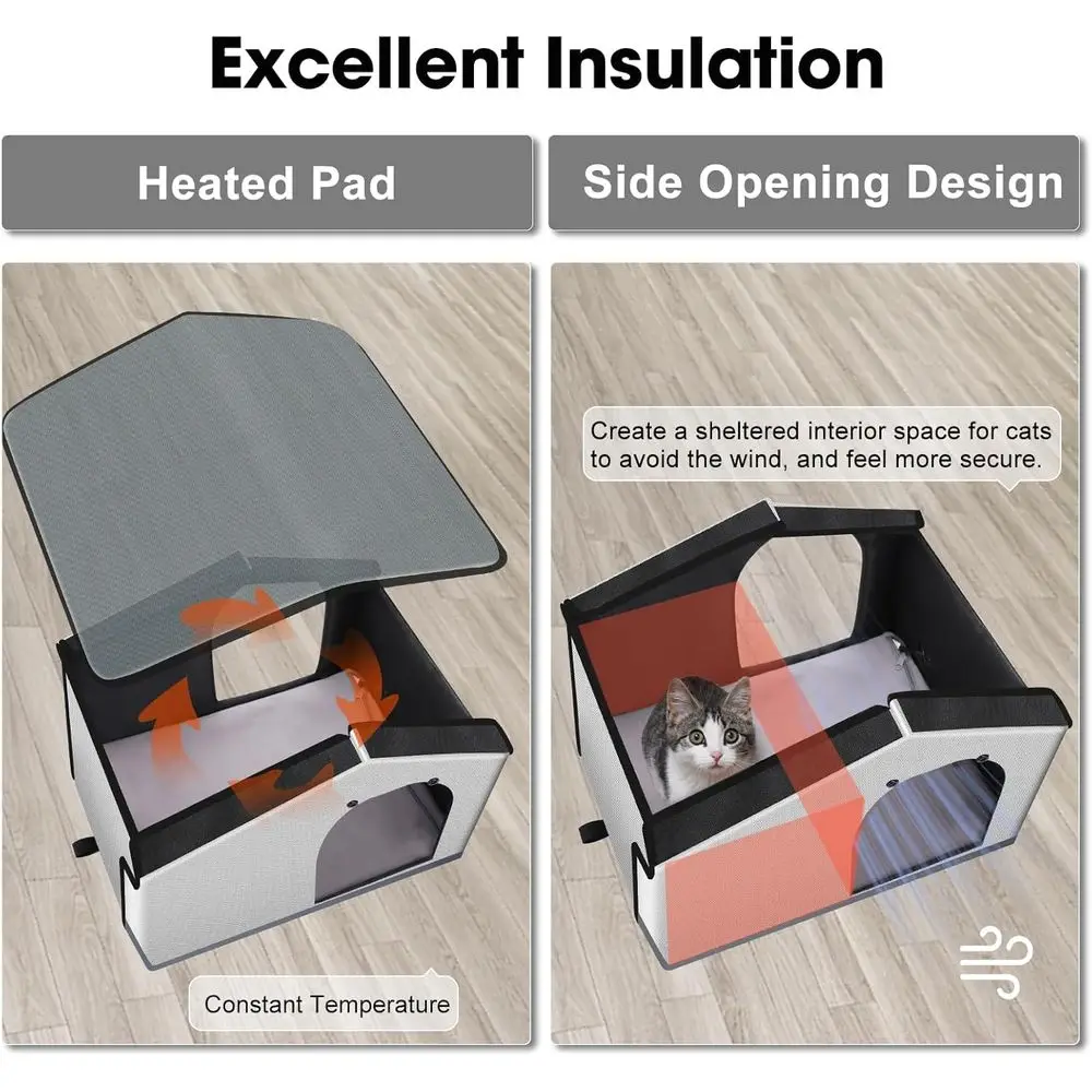 Weatherproof Outdoor & Indoor Heated Cat House with Pad, Suitable for Feral Cats & Small Dogs, 20x17x16 inches