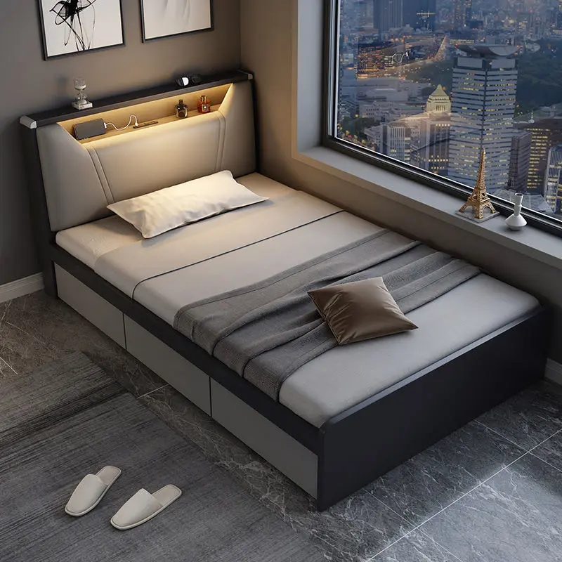 

Modern simple single bed 1.2 meters Nordic small apartment with lamp high box storage bed household tatami storage bed