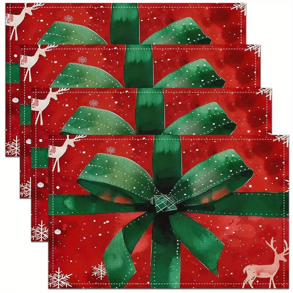 4pcs Festive Christmas Placemats 12x18 In Green Red with Golden Accents, Washable Linen Table Mats for Indoor Outdoor Use