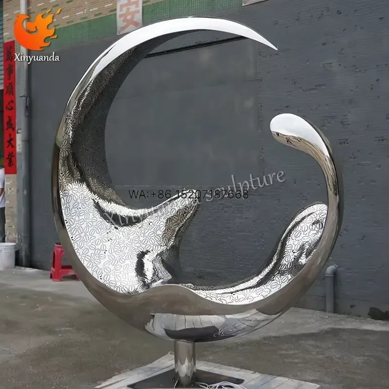 Wmwmnu Modern Stainless Steel Mirror Moon Landscape Sculpture for Commercial Outdoor Decor Park Plaza Night Scene