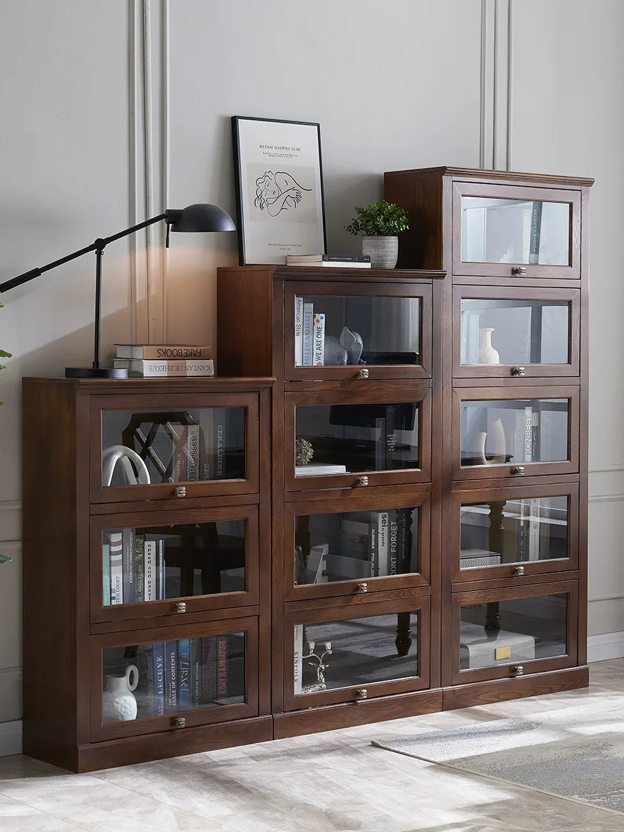 

S American-Style Solid Wood Bookcase with Glass Door Shelf Modern Locker Storage Cabinet Display Cabinet