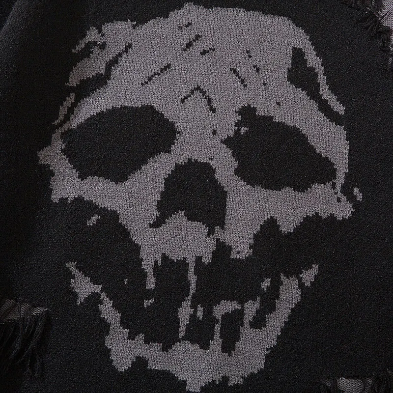 Hip Hop Sweaters Y2K Grunge Knitted Skull Skeleton Ripped Holes Punk Gothic Jumpers Streetwear Men Vintage Baggy Pullover Black